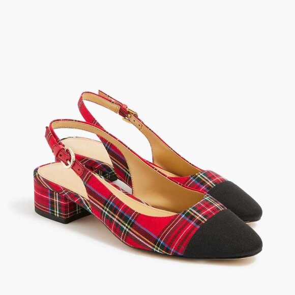 NWOB 9 J Crew Factory tartan plaid low-heel slingbacks red Christmas heels - Picture 1 of 10